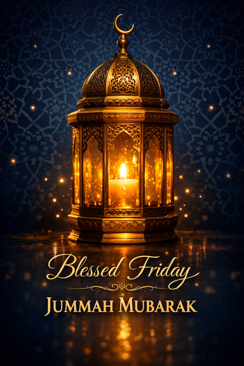 Ornate golden lantern with Islamic patterns on dark blue background for Blessed Friday Jummah Mubarak